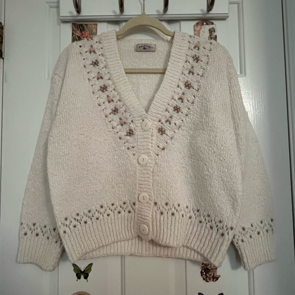Cottagecore Grandma Fairycore Vintage Cream Knit Sweater Floral Rose Button Up